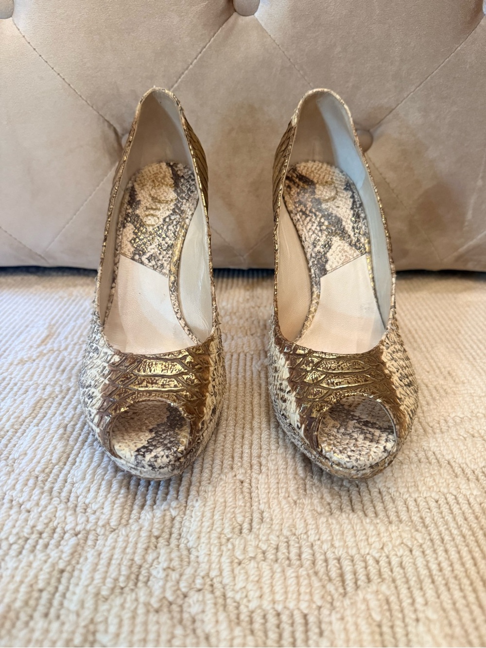 Metallic Gold Snake-Print Peep-Toe Heels - Women
